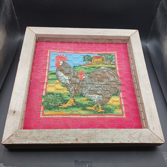Framed Rustic Wall art Country Farm Homestead Chickens wire quilted fabric Wood - Picture 5 of 14